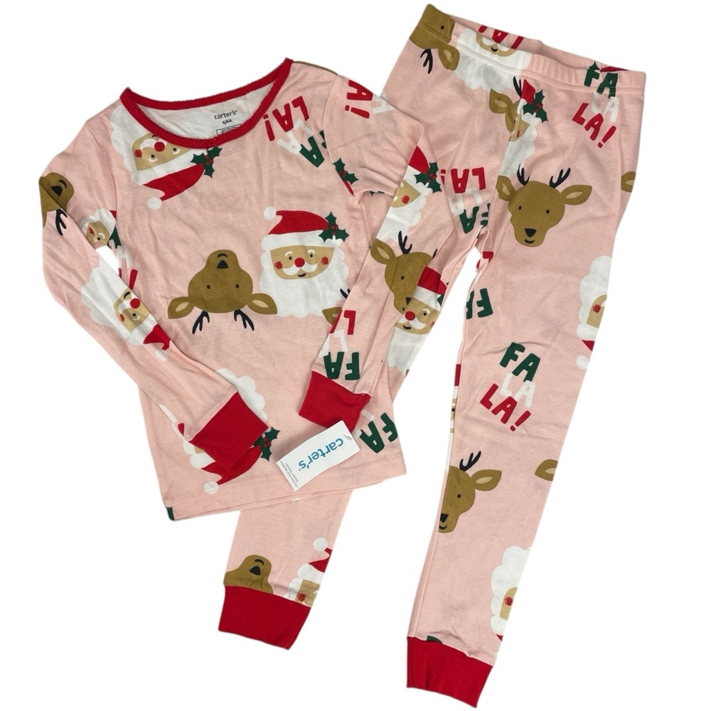 Carter's Kids Pink Santa & Reindeer Christmas Holiday Pajama Set Size 6 NWT
